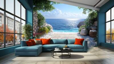 A wooden path leads through a lush, green garden to a stunning view of the blue sea and a clear sky. Wall mural