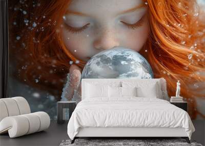 A young girl with red hair holds a glass globe of the earth in her hands, surrounded by falling snow. Wall mural