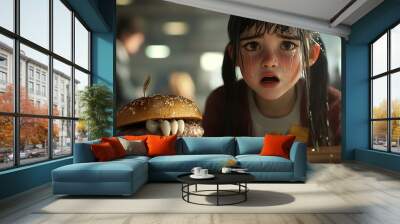 A young girl with tears in her eyes looks at a hamburger with teeth. Wall mural