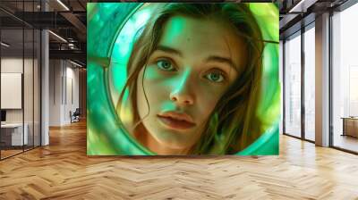 A young woman's face framed by a green circle, looking directly at the camera with a serious expression. Wall mural