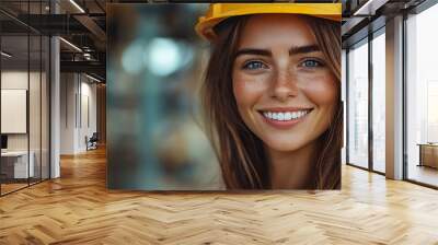 A young woman in a yellow hard hat smiles confidently at the camera. Wall mural