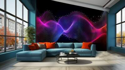 Abstract colorful wavy lines on black background with glowing particles. Wall mural