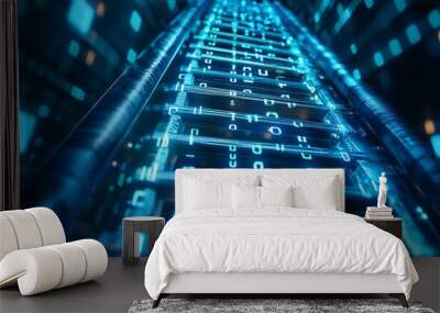 Abstract digital binary code in a futuristic tunnel, showing the concept of digital technology and cyberspace. Wall mural