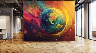 Abstract illustration of planet Earth with a colorful space background. Wall mural