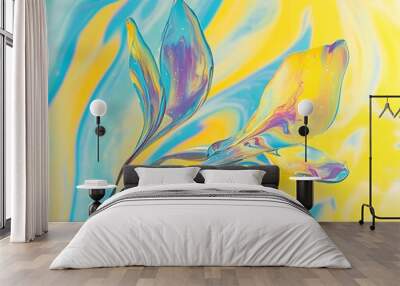 Abstract iridescent flower on a blue and yellow background. Wall mural