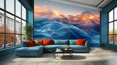 Abstract landscape with glowing waves and a sunset in the background. Wall mural