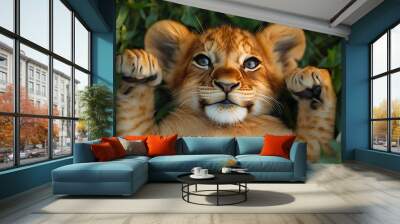 Adorable lion cub with blue eyes lies in green grass, looking up at the camera. Wall mural