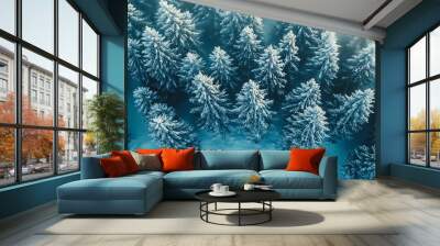 Aerial view of a snow-covered forest with tall pine trees in a frosty winter landscape. Wall mural