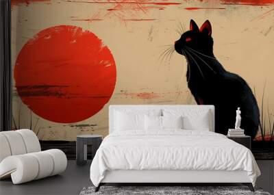 Black cat silhouette against red sunset. Wall mural