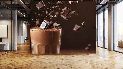 Chocolate pieces flying over a glass of chocolate milk. Wall mural