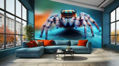 Close-up of a colorful jumping spider with bright blue eyes. Wall mural