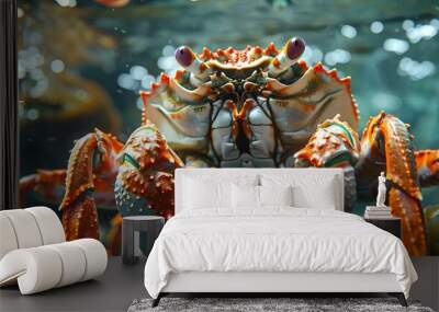 Close-up of a crab with orange and white shell, in a blue water tank. Wall mural