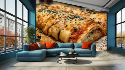 Close up of a freshly baked pizza stromboli on a cutting board. Wall mural