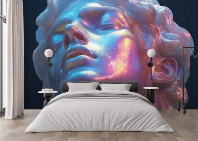 Close-up of a marble sculpture of a man's head with iridescent light. Wall mural