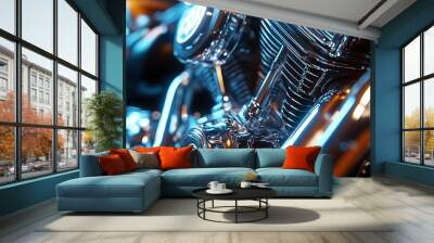 Close-up of a shiny chrome motorcycle engine with blue and orange lighting. Wall mural