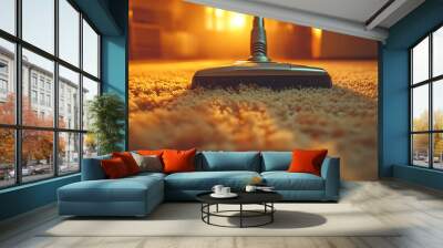 Close-up of a vacuum cleaner head cleaning a beige carpet. Wall mural