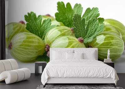 Close-up of fresh green gooseberries with leaves isolated on white background. Wall mural