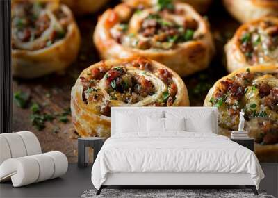 Close-up of golden brown sausage rolls on a wooden board. Wall mural