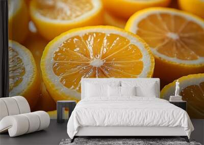 Close-up of halved lemons with juicy flesh and a bright yellow color. Wall mural