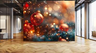 Close up of red ornaments with bokeh lights and pine needles. Wall mural