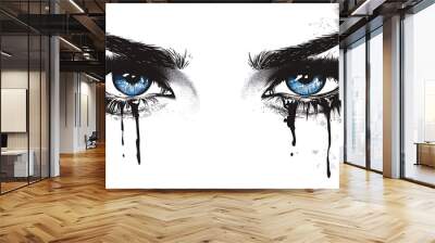 Close-up of two blue eyes with black eyeliner dripping down from the corners, isolated on a white background. Wall mural