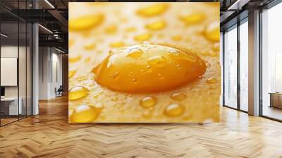 Close-up of water droplets on a yellow surface. Wall mural