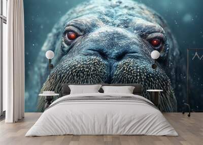 Close-up portrait of a walrus with intense red eyes, looking directly at the camera. Wall mural