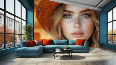 Close-up portrait of a young woman with blue eyes and freckles wearing a straw hat. Wall mural