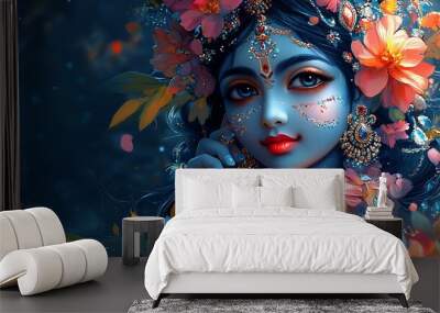 Close-up portrait of Krishna, a Hindu deity, with a floral crown and adorned with jewelry. Wall mural