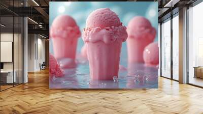 Closeup of pink ice cream melting in a waffle cone. Wall mural