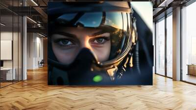 Closeup portrait of a female pilot wearing a helmet and oxygen mask, looking at the camera with a determined expression. Wall mural