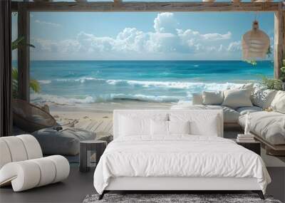 Cozy beach house living room with a stunning ocean view. Wall mural