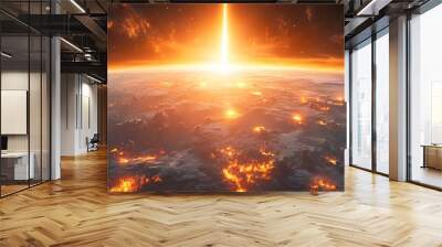 Dramatic sunrise over Earth with bright sunrays and glowing clouds. Wall mural