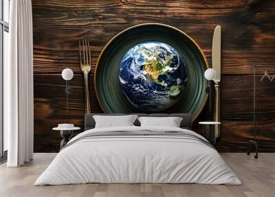 Earth globe on a plate with fork and knife. Wall mural