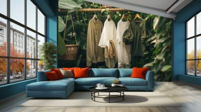 Four shirts hanging on a bamboo clothes rack in a lush tropical garden. Wall mural