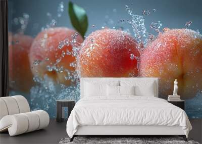 Fresh peaches splash into a clear, refreshing water, creating a vibrant and bubbly display of natural beauty. Wall mural