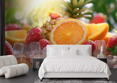 Fresh pineapple, oranges, and strawberries with ice cubes. Wall mural