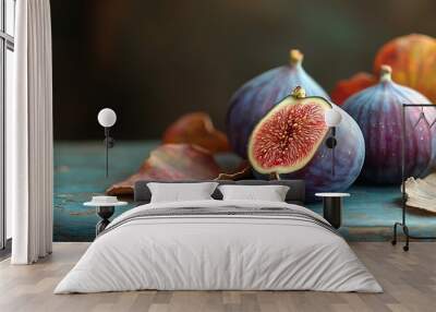 Fresh ripe figs on blue rustic table with autumn leaves. Wall mural