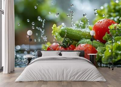 Fresh vegetables, tomatoes, cucumbers, and lettuce with water splashing around them. Wall mural