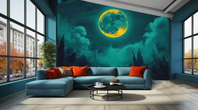 Full moon glowing through the dark clouds in a spooky forest. Wall mural