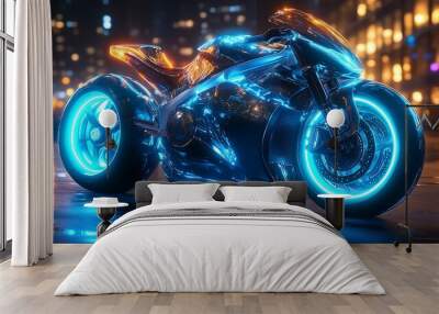 Futuristic motorcycle with glowing blue wheels and body, parked on a city street at night. Wall mural