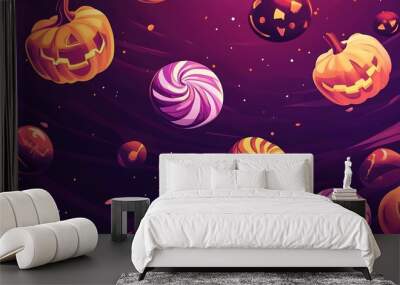 Halloween pumpkins and candies float against a dark purple background with a starry effect. Wall mural