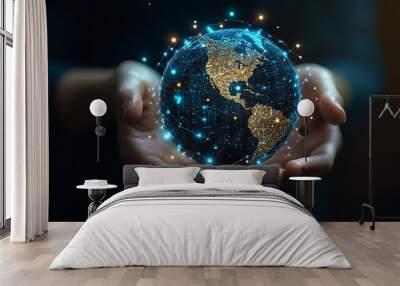 Hands holding a glowing digital globe with connecting lines, symbolizing global connectivity and technology. Wall mural