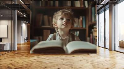 Little boy sitting at a table with books in front of him, looking up. Wall mural