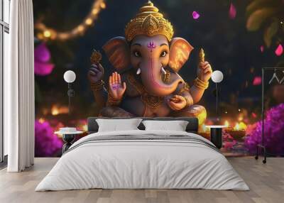 Lord Ganesha, the Hindu god of beginnings, sits in a serene pose amidst glowing diyas and petals. Wall mural