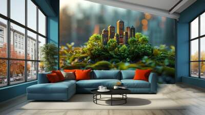 Miniature cityscape on moss with blurry city backdrop. Wall mural