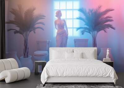 Minimalist bathroom interior with a white statue, two toilets, potted plants, and neon lights. Wall mural