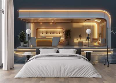 Modern futuristic bar interior design with white and gold accents, neon lights, and a glass wall. Wall mural