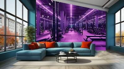 Modern gym with purple lighting and weightlifting equipment. Wall mural