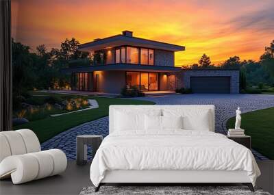 Modern house with a paved driveway, lit by sunset, and green trees around. Wall mural